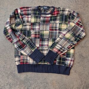 POLO Ralph Lauren Vintage 90s Plaid Patchwork Linen Cotton Silk Blend Yarn Large